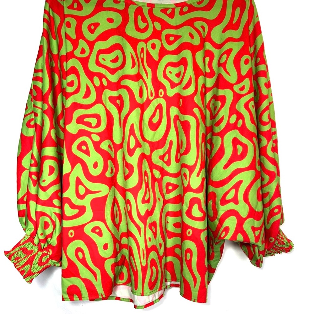 Women's Bright Red & Lime Green Abstract Print Blouse and Skirt